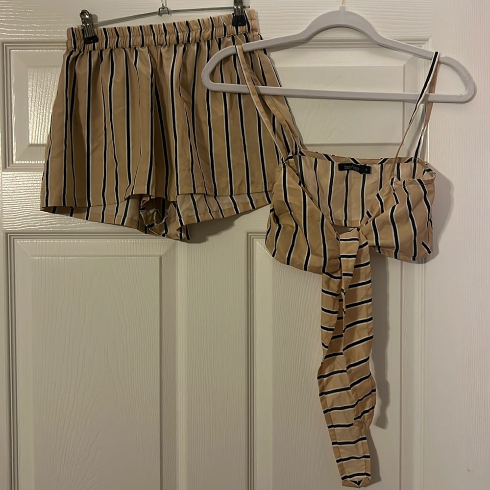 Sunkissed Vibes: Boohoo Tan Pinstripe Two-Piece Set